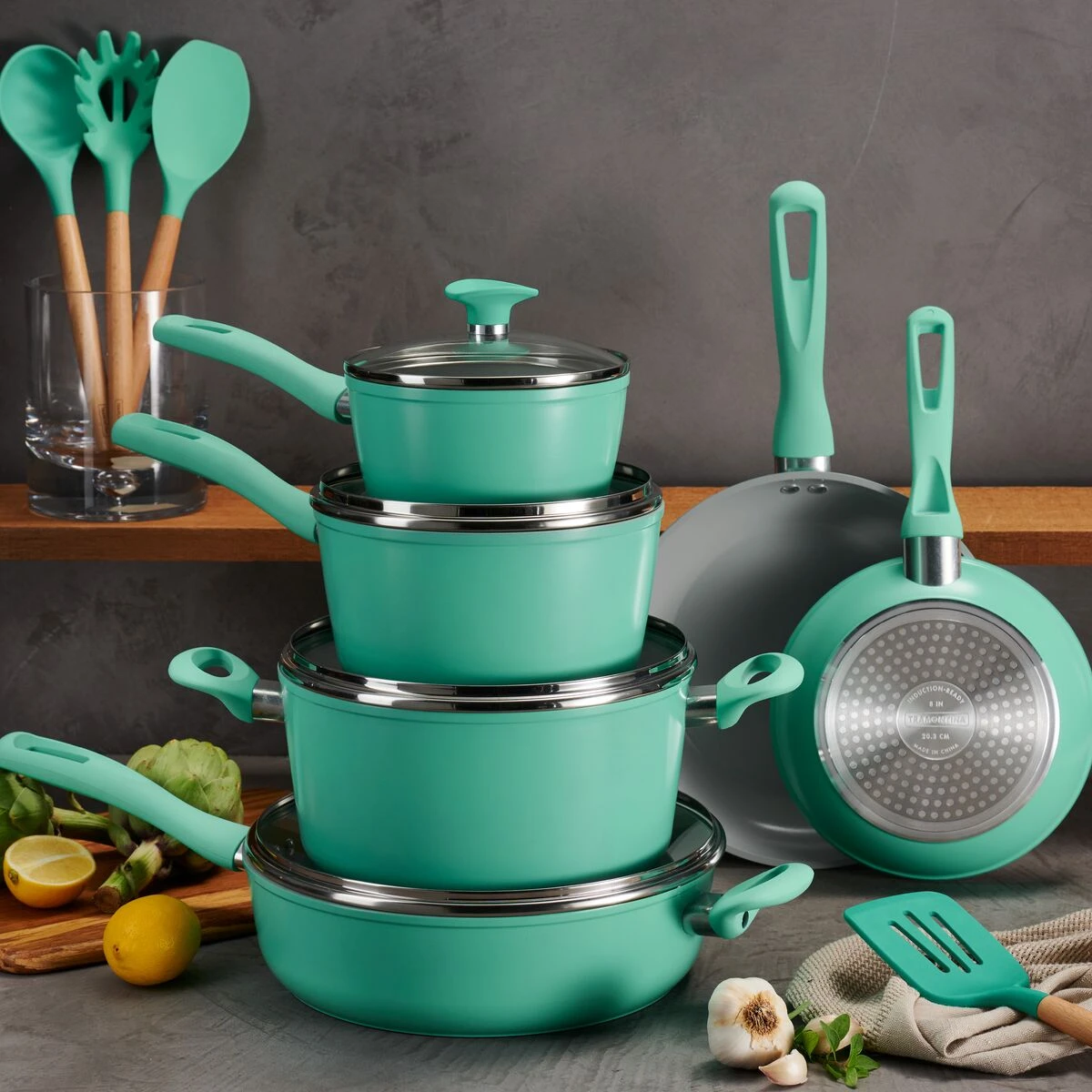 Tramontina 14 Pc Ceramic Induction-Ready Cookware Set Teal 1 Tramontina 14 Pc Ceramic Induction-Ready Cookware Set Teal